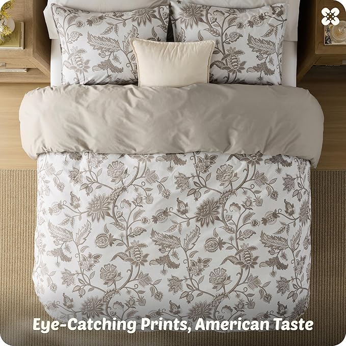 Bedsure Floral Duvet Cover Queen Size - 100% Cotton Reversible Entwined Vines Pattern Duvet Cover Set, 3 Pieces Soft & Breathable PureWoven Bedding Set with 2 Pillow Shams (Linen Vines, 90"x90")