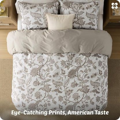Bedsure Floral Duvet Cover Queen Size - 100% Cotton Reversible Entwined Vines Pattern Duvet Cover Set, 3 Pieces Soft & Breathable PureWoven Bedding Set with 2 Pillow Shams (Linen Vines, 90"x90")