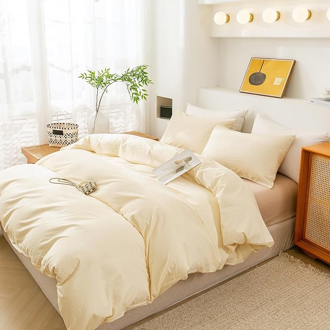 ECOCOTT Duvet Cover Queen Size - 3 Piece 100% Washed Cotton Bedding Set, Soft and Breathable with Zipper Closure & 8 Corner Ties - Comfortable and Stylish for All Seasons (Cream)