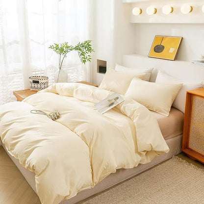 ECOCOTT Duvet Cover King Size - 3 Piece 100% Washed Cotton Bedding Set, Soft & Breathable with Zipper Closure 8 Corner Ties - Comfortable and Stylish for All Seasons (Cream)