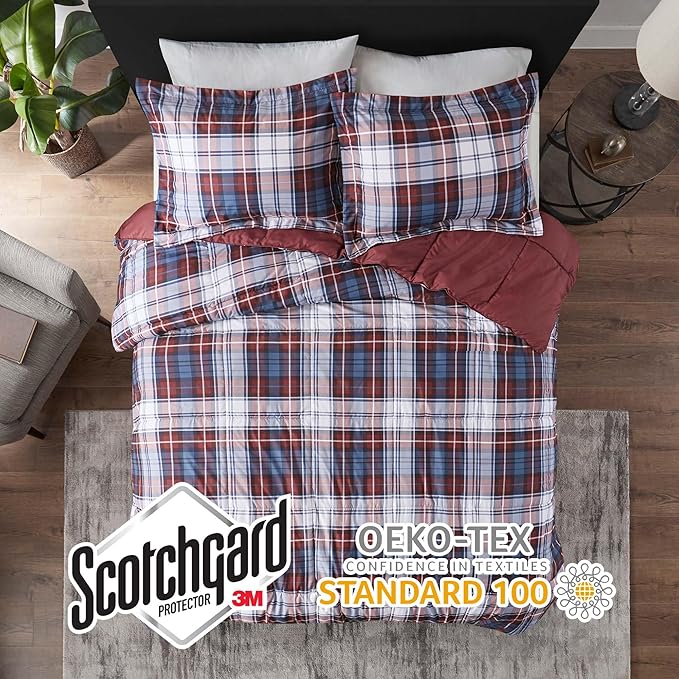 Madison Park Essentials Parkston Plaid Comforter, Matching Sham, 3M Scotchguard Stain Release Cover, Hypoallergenic All Season Bedding-Set, Twin/ Twin XL, Red, 2 Piece