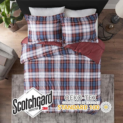 Madison Park Essentials Parkston Plaid Comforter, Matching Sham, 3M Scotchguard Stain Release Cover, Hypoallergenic All Season Bedding-Set, King/California King, Red, 3 Piece