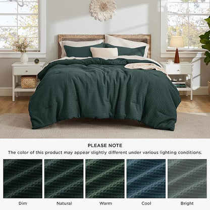 Bedsure Waffle Comforter Set Queen, Forest Green Soft Bedding, Waffle Weave Bed Set, 3 Pieces, 1 Comforter (90"x90") and 2 Pillow Shams, Cotton Shell and Polyester Lining for All Seasons
