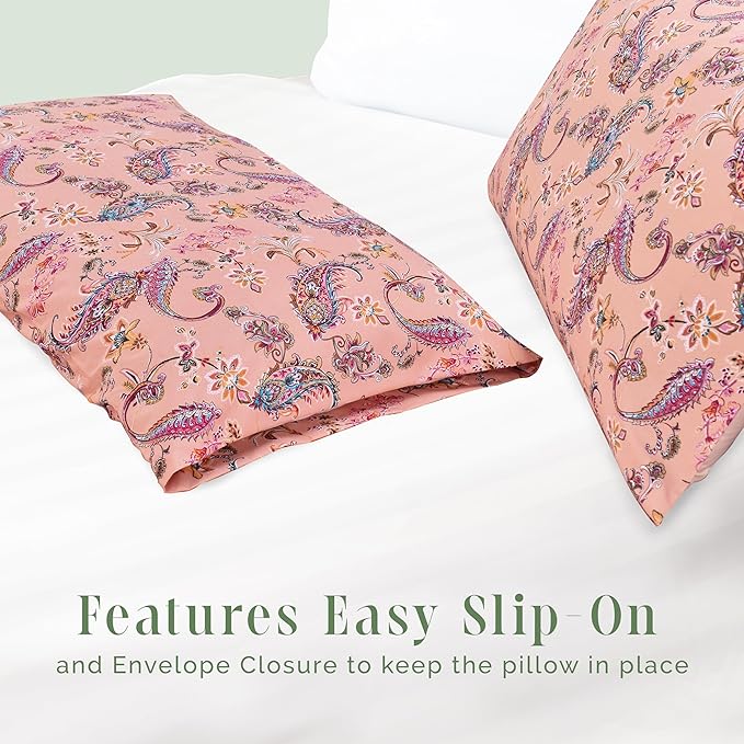 Elegant Comfort Ultra Soft Set of 2 Floral Print Pillowcases - 1500 Premium Hotel Quality Microfiber, Soft and Smooth Envelope Closure 2-Piece Pillow Covers - Standard/Queen, Paisley Coral