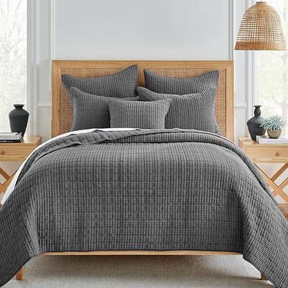 Levtex Home Mills Waffle Full/Queen Quilt Set (88x92in) with 2 Pillow Shams (26x20in) - Charcoal - 100% Cotton Full/Queen Size Quilt Bedding Set - Lightweight, Soft, Pre-Washed