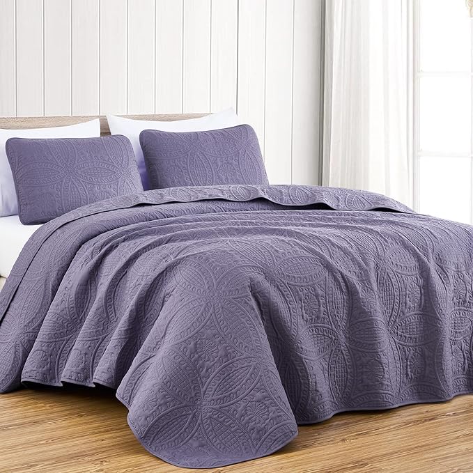 Chezmoi Collection Austin Queen Oversized Bedspread Set, 3-Piece Pinsonic Quilted Lightweight Microfiber Bedspread Coverlet, Dusty Purple | Oversized, Lightweight, Fade Resistant