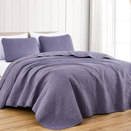 Chezmoi Collection Austin Queen Oversized Bedspread Set, 3-Piece Pinsonic Quilted Lightweight Microfiber Bedspread Coverlet, Dusty Purple | Oversized, Lightweight, Fade Resistant