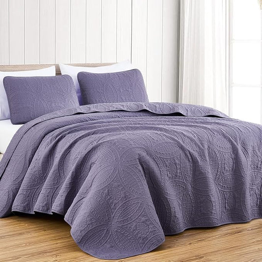 Chezmoi Collection Austin Queen Oversized Bedspread Set, 3-Piece Pinsonic Quilted Lightweight Microfiber Bedspread Coverlet, Dusty Purple | Oversized, Lightweight, Fade Resistant