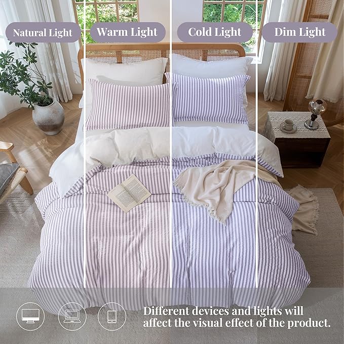 MILDLY Purple Striped Duvet Cover - 100% Washed Cotton Jacquard Boho Textured Comforter Cover 3pcs with Corner Ties Zipper Closure 80"x90"
