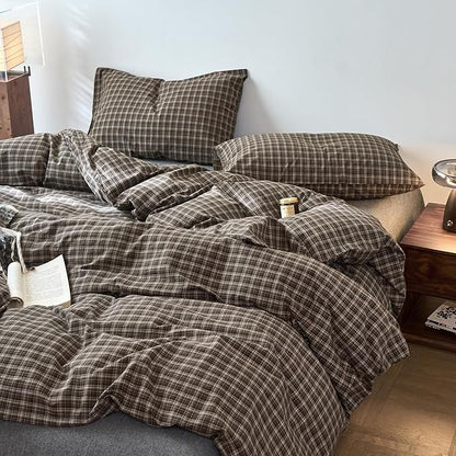 Vintage Buffalo Plaid Duvet Cover Set Queen Size, 3 Piece Washed Cotton Brown Gingham Duvet Cover with 2 Pillowcases, Soft & Breathable Grid Comforter Cover Plaid Checkered Farmhouse Bedding Set