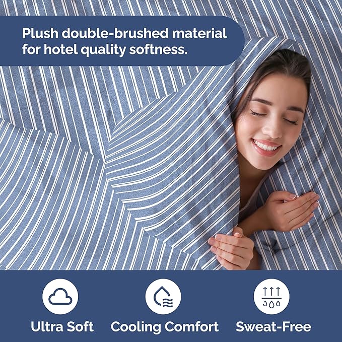 Duvet Cover King Size Set - Extra Soft King Duvet Cover 104" x 90" with 2 Pillow Shams - Hotel Luxury, Easy Care & Fade Free with Zipper Closures & Ties - All Season, Comfy & Breathable (Blue Stripes)