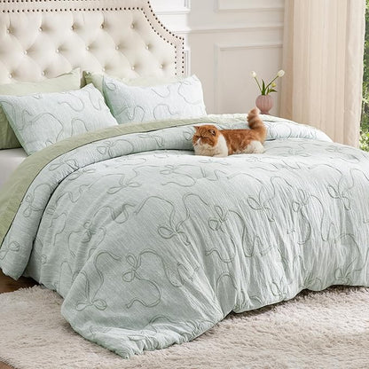 Bedsure Sage Green Twin XL/Twin Comforter Set for Girls, GentleSoft™ 2 Pieces Bow Comforter with 1 Pillow Sham, Twin Size Bedding Sets for Girls Room Decor Aesthetic Bedroom Decor, 68x88 Inches