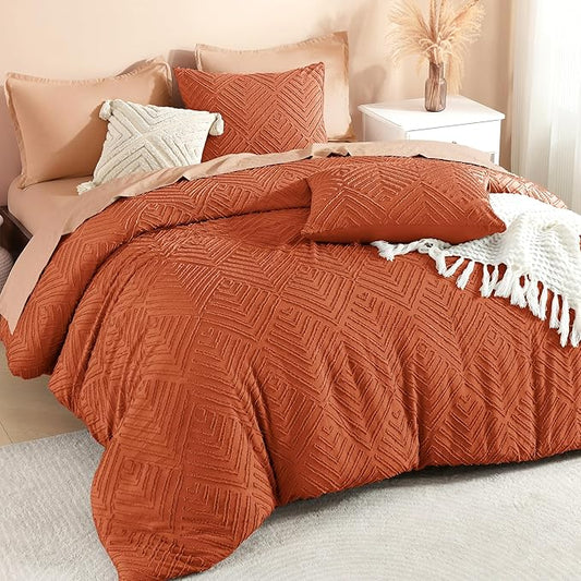 Litanika Burnt Orange Queen Comforter Set, 3 Pieces Terracotta Tufted Boho Farmhouse Bedding Comforter Sets, Lightweight Fluffy Comforter Bed Set for All Season (90x90In Comforter and 2 Pillowcases)