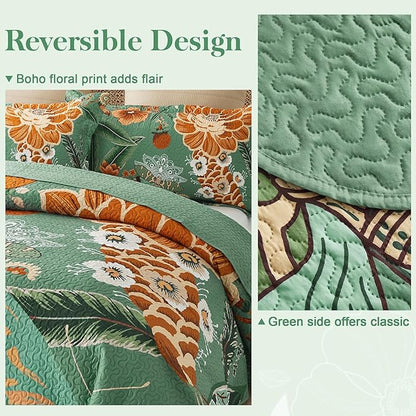 3 Piece Sage Green Boho Floral Californial King Quilt Sets Farmhouse Botanical Reversible Lightweight Bedspread with 2 Shams Butterfly Microfiber Bedding Quilts Set for All Season,118''x106''