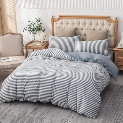 PURE ERA Jersey Knit Duvet Cover Set 100% T-Shirt Heather Cotton Super Soft Comfy Classic Striped Design, with Zipper Closure, Heather Blueish Grey Stripe, Full