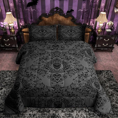 Feelyou Adults Black Vintage Damask Floral Comforter Set Oriental Antique Comforter Twin Size Gothic Bohemia Boho Bedding Set Exotic Sugar Skull Duvet Set Quilt Set 2Pcs
