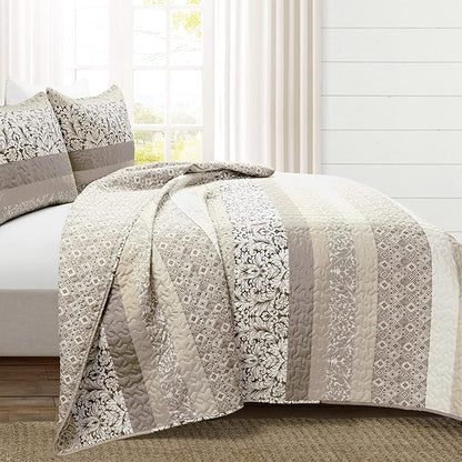 Lush Decor Boho Stripe Reversible Cotton Quilt 3-Piece Set, King, Neutral - Bold Colorful Bohemian Bedding Set