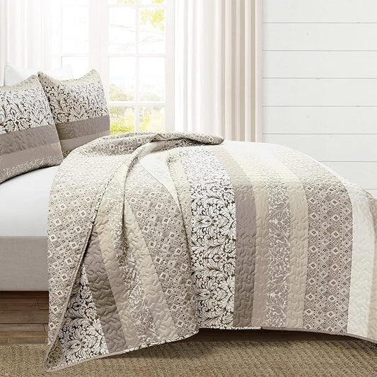 Lush Decor Boho Stripe Reversible Cotton Quilt 3-Piece Set, King, Neutral - Bold Colorful Bohemian Bedding Set