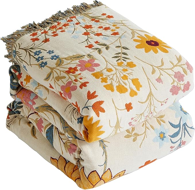 Boho Throw Blanket for Bed 80”x90”, 100% Cotton Woven Blanket for Couch Sofa, Ultra Soft 4-Layer Muslin Quilt with Floral Printed, Farmhouse Bed Blanket/Cover for Living Room Decor