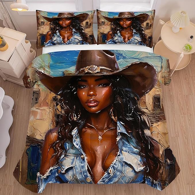 Black Girls Comforter Set Full: Western Bedding Set for Cowboys Women Girls African American Bed Bedroom Dorm Fashion Quilt 1 Comforter + 2 Pillow Cases