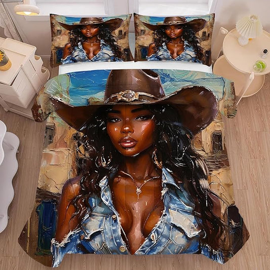 Black Girls Comforter Set Full: Western Bedding Set for Cowboys Women Girls African American Bed Bedroom Dorm Fashion Quilt 1 Comforter + 2 Pillow Cases
