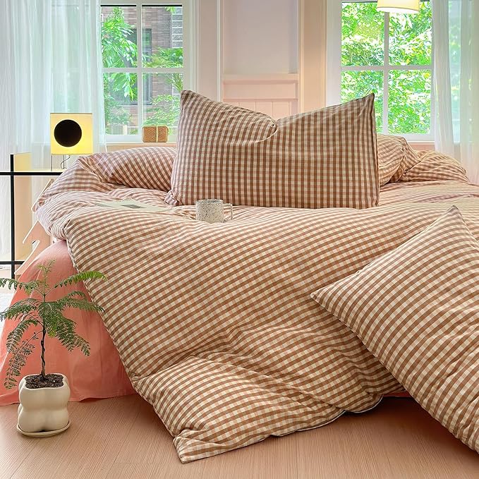 LifeTB Pink Plaid Gingham Duvet Cover King 3 Pieces Checkered Grid Duvet Cover 100% Washed Cotton Coral Pink Plaid Comforter Cover with Zipper Ties 2 Pillowcases Breathable Soft Gingham Bedding Set