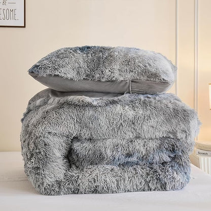 Andency Faux Fur Tie-Dyed Grey Blue Comforter Set Full Size, 3 Pieces Fluffy Fuzzy Plush Bedding Comforter Set (1 Shaggy Velvet Comforter & 2 Pillowcases), Soft Puffy Down Comforter Bedding Set