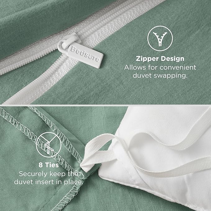 Bedsure Sage Green Duvet Cover Queen Size - 3 Pieces Prewashed Cotton-Like Polyester Extra Soft Bedding Set, Includes 1 Duvet Cover 90x90 Inches with Zipper Closure & 2 Pillow Shams, No Comforter