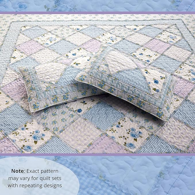 Virah Bella 3 Piece King Lodge Quilt Bedding Set - Rustic Country Reversible Comforter Set with Decorative Pillow Shams - Garden of Blues