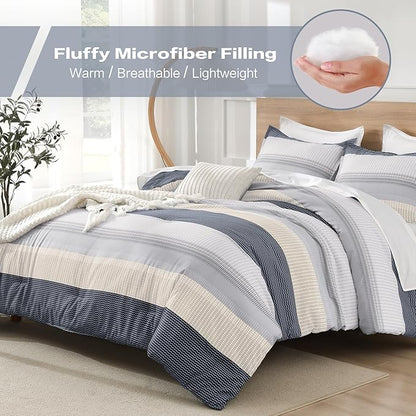 Litanika Comforter Set California King Size Blue Yellow - 3 Pieces Lightweight Blue Yellow White Colorblock Stripe Fluffy Bedding Comforter Sets, All Season Bed Set