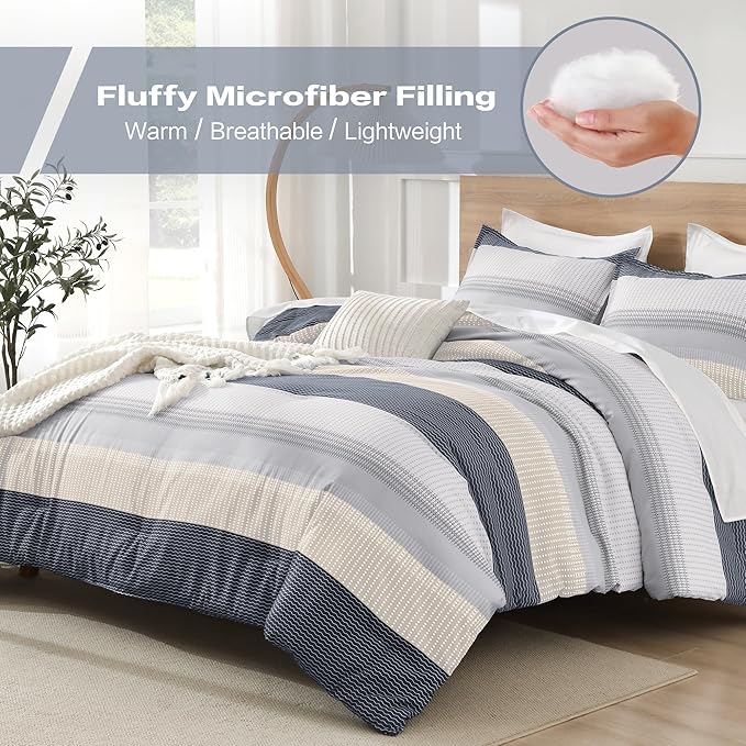 Litanika Comforter Set King Size Blue Yellow - 3 Pieces Lightweight Blue Yellow White Colorblock Stripe Fluffy Bedding Comforter Sets, All Season Bed Set
