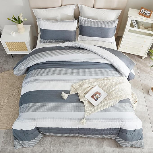 Litanika Comforter Full Size Bed Set Light Grey - 3 Pieces Lightweight Gray White Colorblock Stripe Fluffy Bedding Comforter Sets, All Season Bed Set