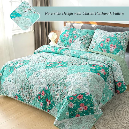 Whale Flotilla Patchwork Quilt Twin Size, Extra Soft Boho Floral Bedspreads for Bed Reversible Lightweight Twin Quilt Bedding Set Printed Coverlets with 1 Pillow Sham for All Seasons, Green
