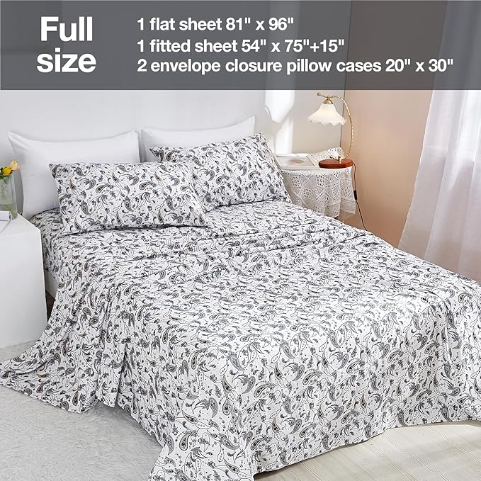 JSD Grey Paisley Printed Sheet Set Full Size, 4 Piece Soft Retro Pattern Microfiber Sheets Extra Deep Pocket