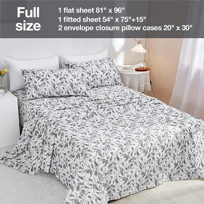 JSD Grey Paisley Printed Sheet Set Full Size, 4 Piece Soft Retro Pattern Microfiber Sheets Extra Deep Pocket