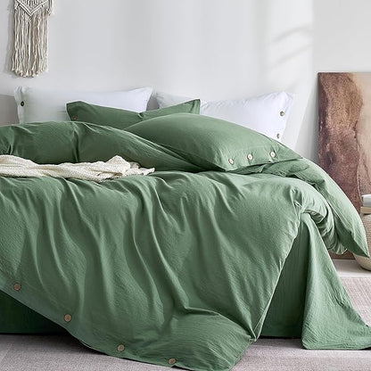 JELLYMONI 100% Washed Cotton Duvet Cover King – Soft, Breathable Linen-Look Bedding with Natural Wrinkle Texture, Button Closure, 3-Piece Set (Dusty Green, 104"x90")