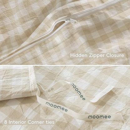 MooMee Gingham Duvet Cover Set 100% Washed Cotton Linen Like Textured Breathable Durable Soft Comfy Modern Checkered Design (Almond Milk Grey Gingham, Queen 90"x90")