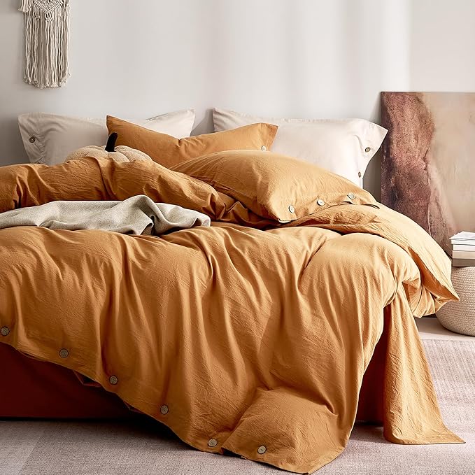 JELLYMONI 100% Washed Cotton Duvet Cover Full – Soft, Breathable Linen-Look Bedding with Natural Wrinkle Texture, Button Closure, 3-Piece Set (Amber Orange, 80"x90")