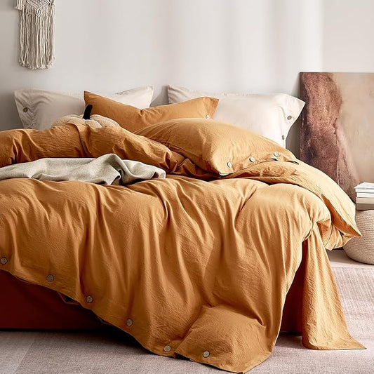 JELLYMONI 100% Washed Cotton Duvet Cover Twin – Soft, Breathable Linen-Look Bedding with Natural Wrinkle Texture, Button Closure, 2-Piece Set (Amber Orange, 68"x90")