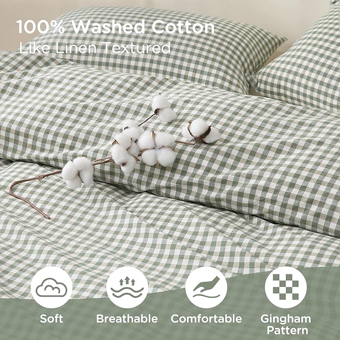 TOCOMOA Green Gingham Duvet Cover Bedding Set 100% Washed Cotton Like Linen Feel Super Soft Comfy 3 Piece Vintage Plaid Checkered Comforter Cover Set (Oversized Queen 98"x98", Comforter Not Included)