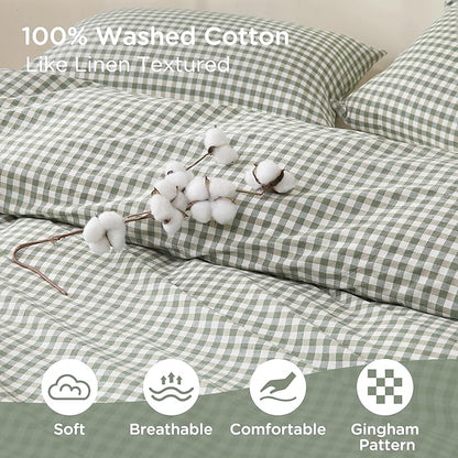 TOCOMOA Green Gingham Duvet Cover Bedding Set 100% Washed Cotton Like Linen Feel Super Soft Comfortable 3 Piece Vintage Plaid Checkered Comforter Cover Set (Full 80"x90", Comforter Not Included)