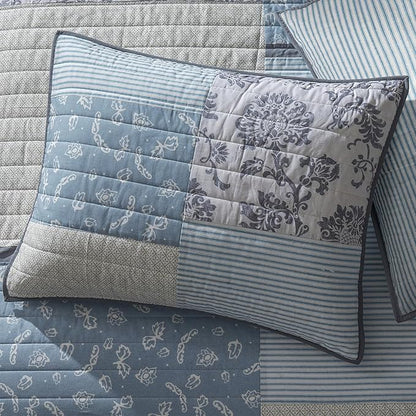Wonderful 100% Cotton Patchwork Quilt King Size, Blue Beige Floral Stitch Bedding, Farmhouse Reversible Soft Pre-Washed Rustic Coverlet Bedspread for All Season 106"x94"