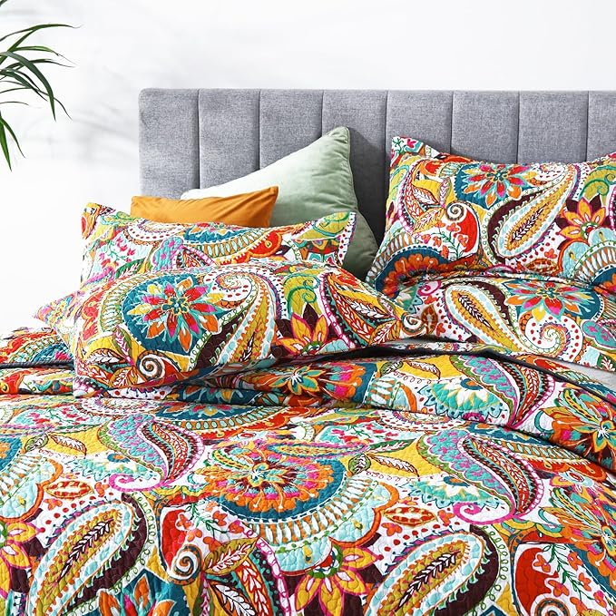 Qucover California King Quilt, Cotton Boho Paisley Quilt, 3 Piece Lightweight Oversized King Bedspread with Pillow Shams, Lightweight Colorful Bedding Comforter Sets, 118x106