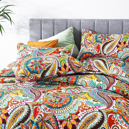 Qucover California King Quilt, Cotton Boho Paisley Quilt, 3 Piece Lightweight Oversized King Bedspread with Pillow Shams, Lightweight Colorful Bedding Comforter Sets, 118x106