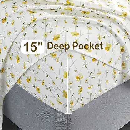 Softan Yellow Floral Twin Size Sheet Set, 3-Piece Microfiber Fitted Bed Sheet with 15" Deep Pockets & Non-Slip Straps, Kids Girls Flower Patterned Bed Sheet & Pillowcase Set