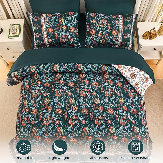 Dinjoy Boho Comforter Set Queen,Dark Green Bedding Paisley Floral 7 Piece Bed in a Bag Reversible Lightweight Bohemain Comforters with Sheet Sets for All Season