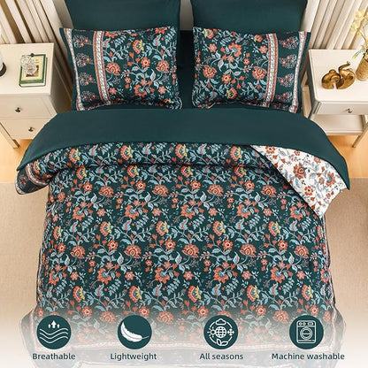 Dinjoy Boho Comforter Set Queen,Dark Green Bedding Paisley Floral 7 Piece Bed in a Bag Reversible Lightweight Bohemain Comforters with Sheet Sets for All Season