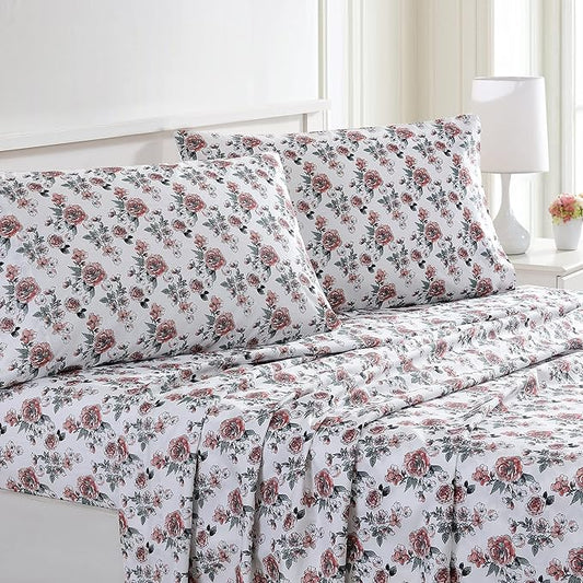 Modern Threads Printed 4-Piece Extra Soft Bedding Sheets & Pillowcase Set, Deep Pocket up to 16 inch Mattress Rose Bloom Full