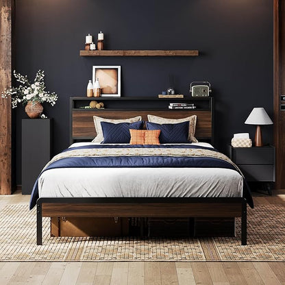 LIKIMIO Full Bed Frame with Headboard, Dark Wood Camas Full with Strong Supports, Sturdy, Noise-Free, No Box Spring Needed, Dark Walnut