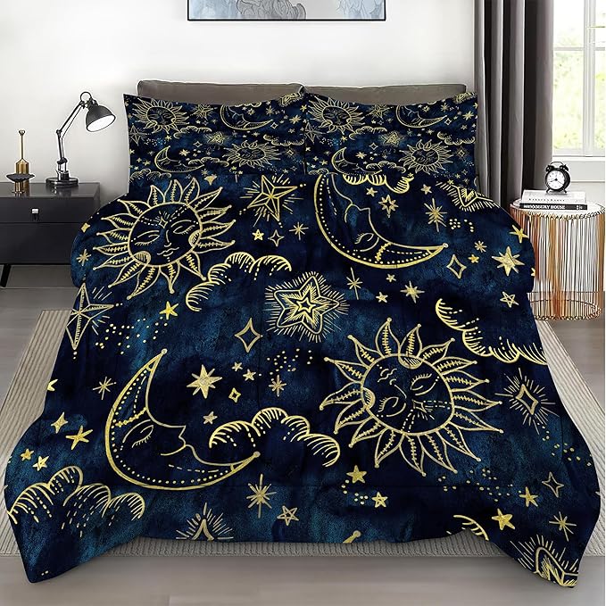 Celestial Comforter Set Queen Size Blue Gold Sun and Moon Boho Bedding for Kids Adult Women Teens Universe Galaxy Bohemian Exotic Gothic Quilt 1 Comforter + 2 Pillow Cases